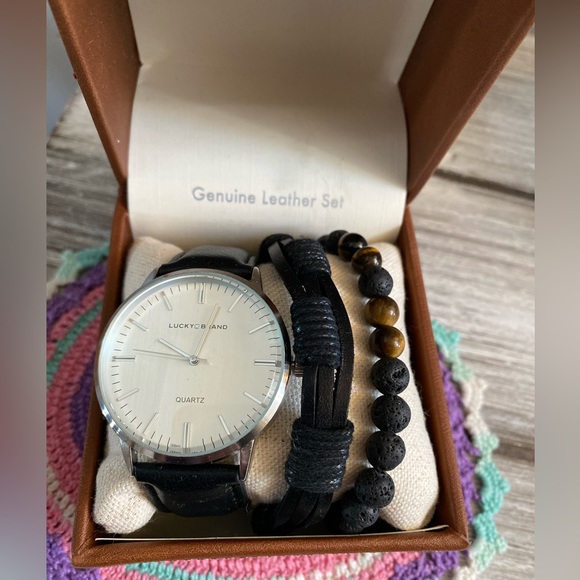 Lucky Brand Leather Strap Watch & Bracelets Set 40mm ✨ Black | Stainless